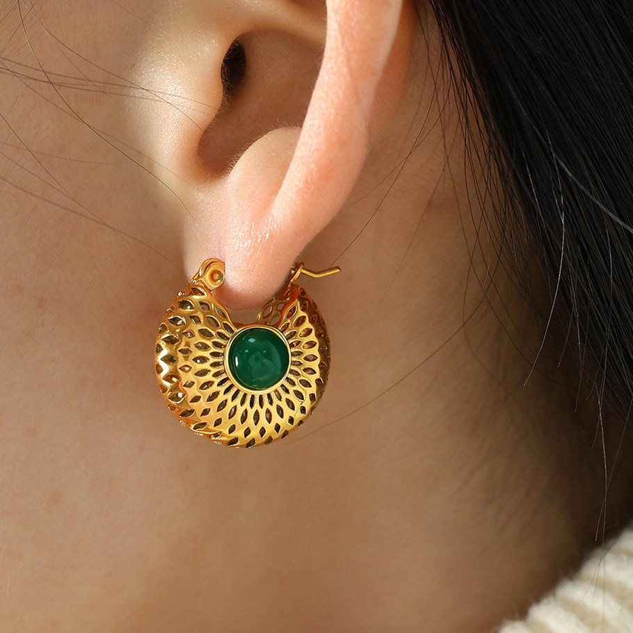 1 Pair Classic Series Retro Geometric Stainless Steel 18K Gold Plated Artificial Gemstone Women Hoop Earrings Picture3