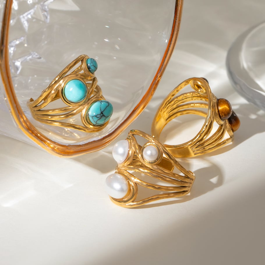 1 Paar Klassische Serie Retro Geometrische Edelstahl 18K Vergoldet Künstliche Edelsteine Verstellbare Ringe Für Frauen Bild4