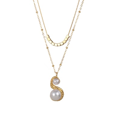 Collier élégant géométrique en acier inoxydable plaqué or 14 carats avec perles artificielles pour femme, série classique, 1 pièce h5 Image5