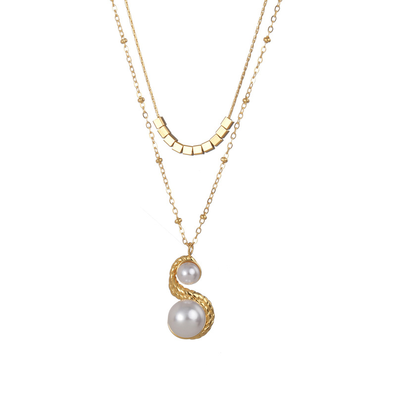 Collier élégant géométrique en acier inoxydable plaqué or 14 carats avec perles artificielles pour femme, série classique, 1 pièce Image5
