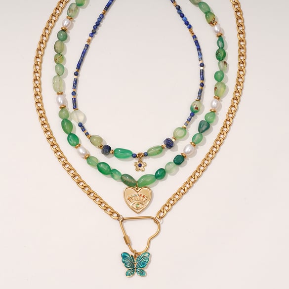 Collana con perline da donna in pietra naturale color oro, in acciaio inossidabile, con fiori naturali, serie lussuosa, 1 pezzo 2