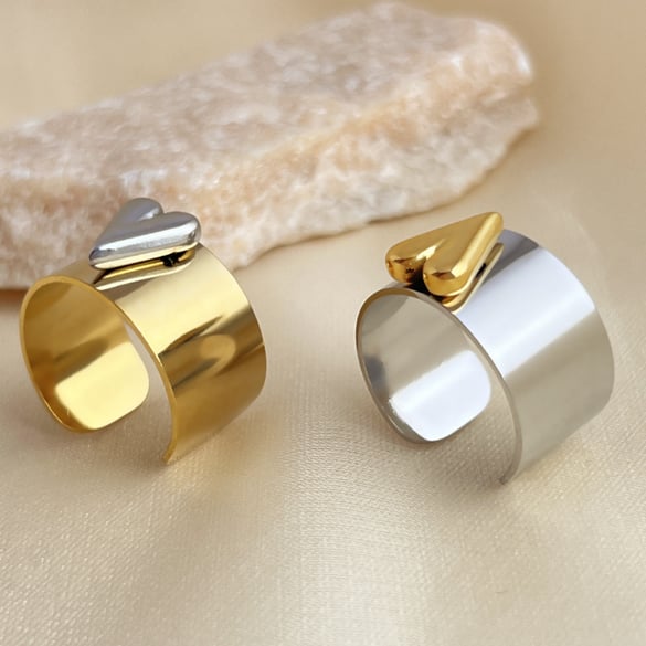 1 pezzo semplice serie semplice cuore in acciaio inossidabile color oro anelli regolabili da donna 2
