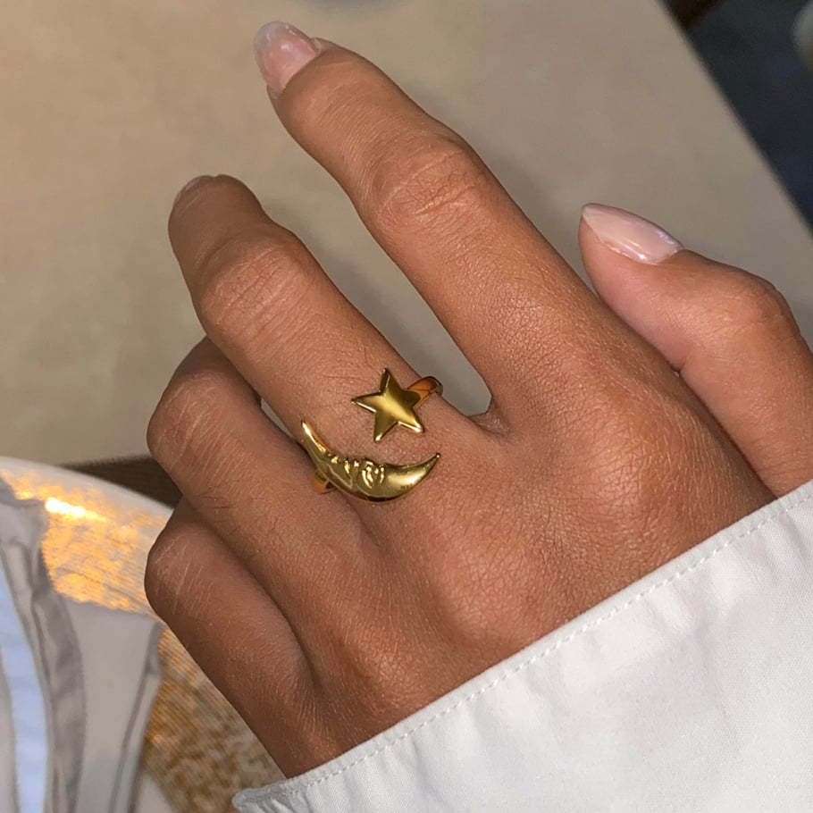 1 Piece Simple Casual Style Moon and Pentagram Shape Stainless Steel 18K Gold Plated Women's Adjustable Ring Picture4