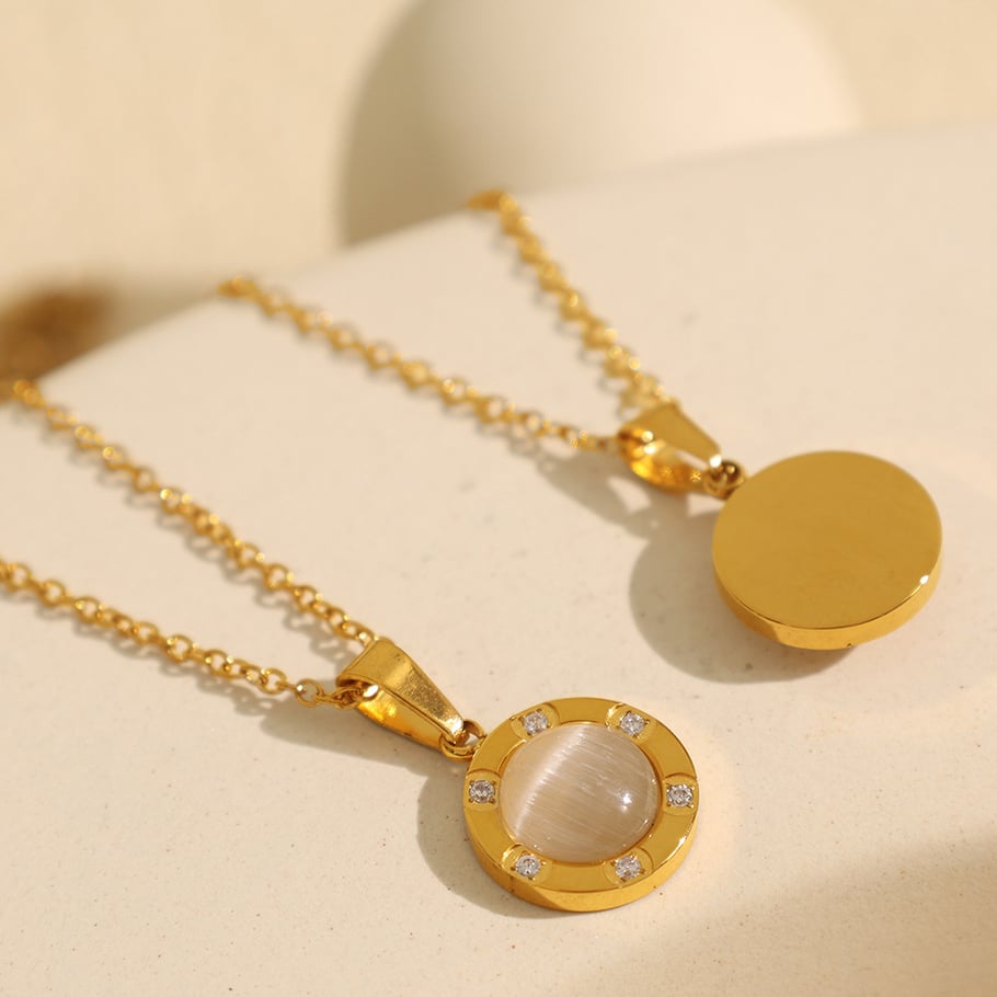 1 piece classic series retro geometric titanium steel gold color plated natural stone women's pendant necklaces h5Picture3