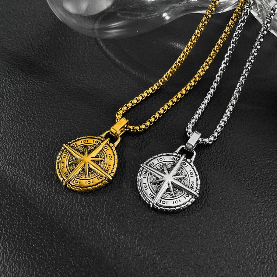 Collares versátiles de acero inoxidable dorado con brújula retro para hombre Imagen7