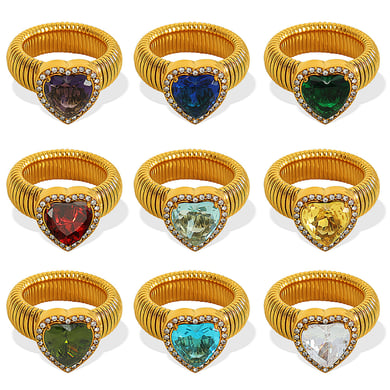 1 Pair Romantic Series Retro Heart Colorful Stainless Steel 18K Gold Color Plated Zircon Women's Single Rings h5 Picture6