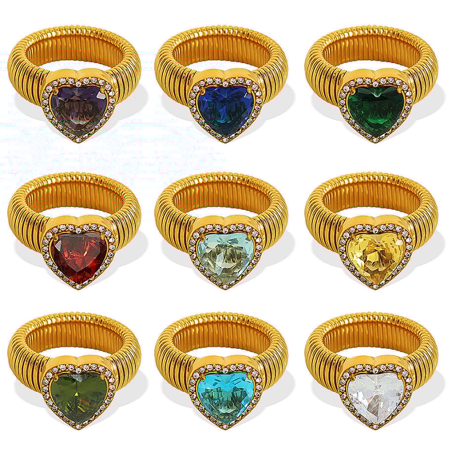 1 Pair Romantic Series Retro Heart Colorful Stainless Steel 18K Gold Color Plated Zircon Women's Single Rings Picture6
