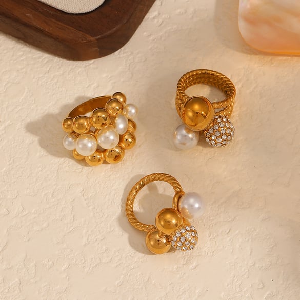 1 Çift Basit Seri Retro Polka Noktalar 18K Altın Kaplama Yapay İnci Tek Yüzükler 2