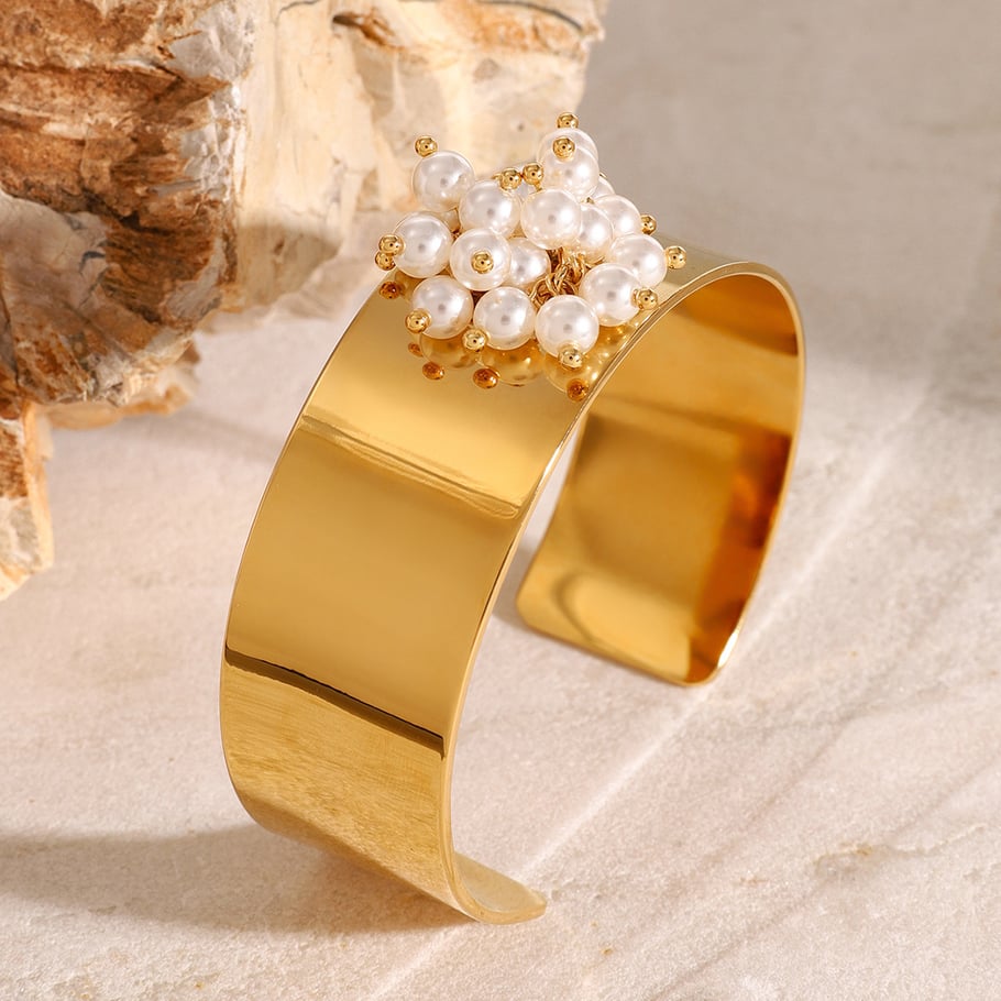 1 Piece Simple Series Retro Geometric Stainless Steel 18K Gold Plated Artificial Pearl Women Bangles Picture6