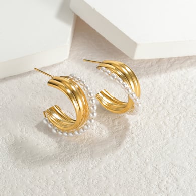 1 paire de boucles d&#39;oreilles créoles pour femme, série classique, en acier inoxydable plaqué or 18 carats, avec perles artificielles h5 Image2