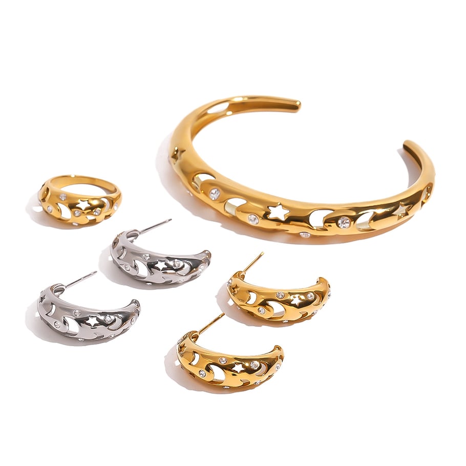 1 Paar Simple Series Casual Sonne/Mond Edelstahl 18 Karat vergoldet Strass Damen Ohrringe Set Bild5