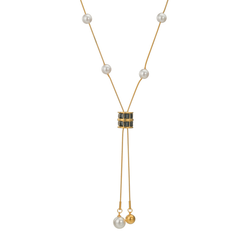 Collier avec pendentif géométrique simple et décontracté en acier inoxydable plaqué or 18 carats et perles artificielles pour femme Image4