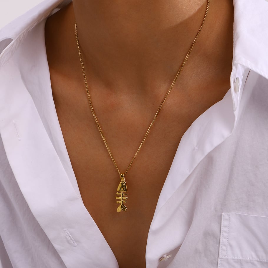 1 Piece Classic Series Funny Fishbone Stainless Steel Gold Color Women's Pendant Necklaces Picture6