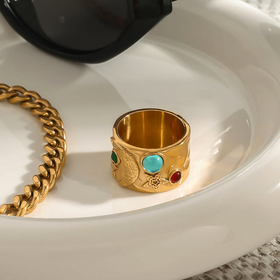1 Piece Vintage Series Retro Colorful Moon Stainless Steel Gold Color Women's Single Rings Picture4