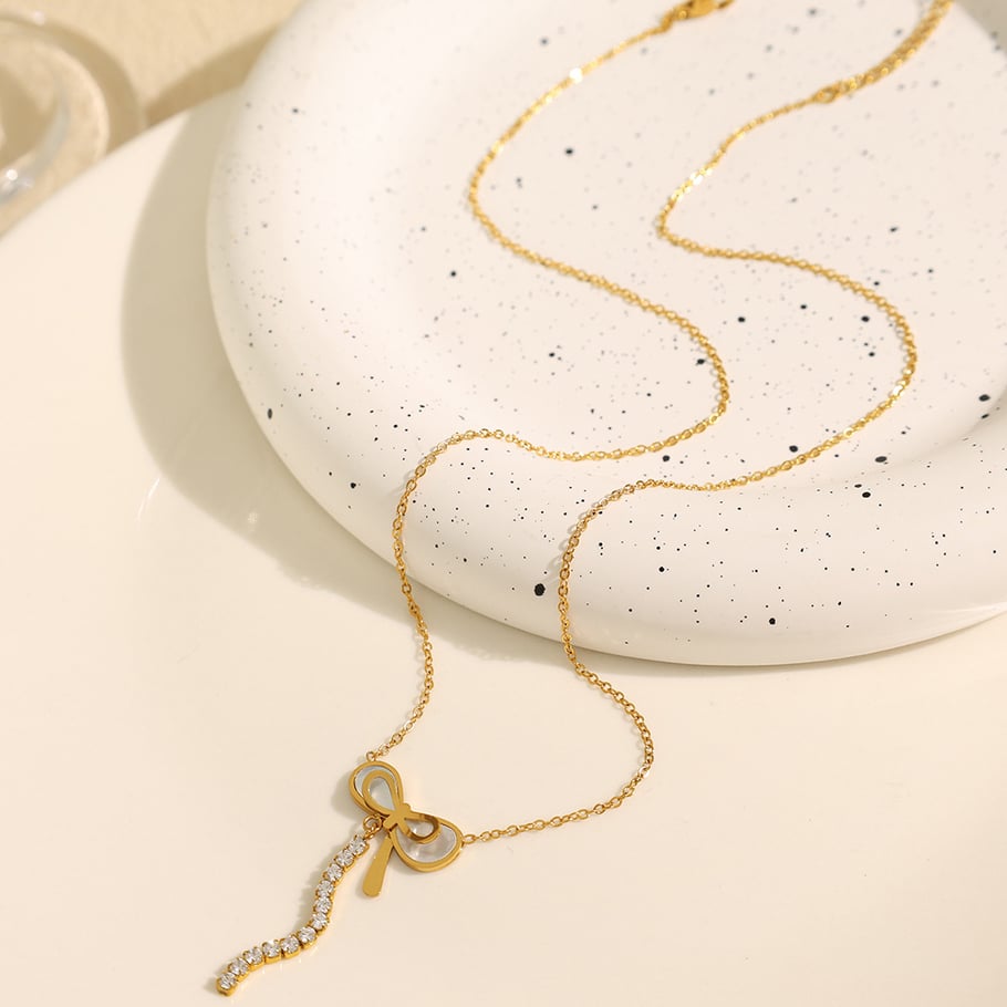 Collier avec pendentif en acier titane doré pour femme, série simple, nœud papillon quotidien Image3