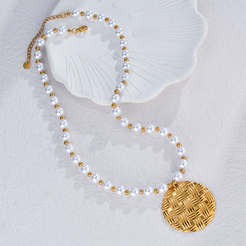 Collier avec pendentif géométrique rétro en acier inoxydable plaqué or 18 carats et perles artificielles pour femme, série simple, 1 pièce Image2