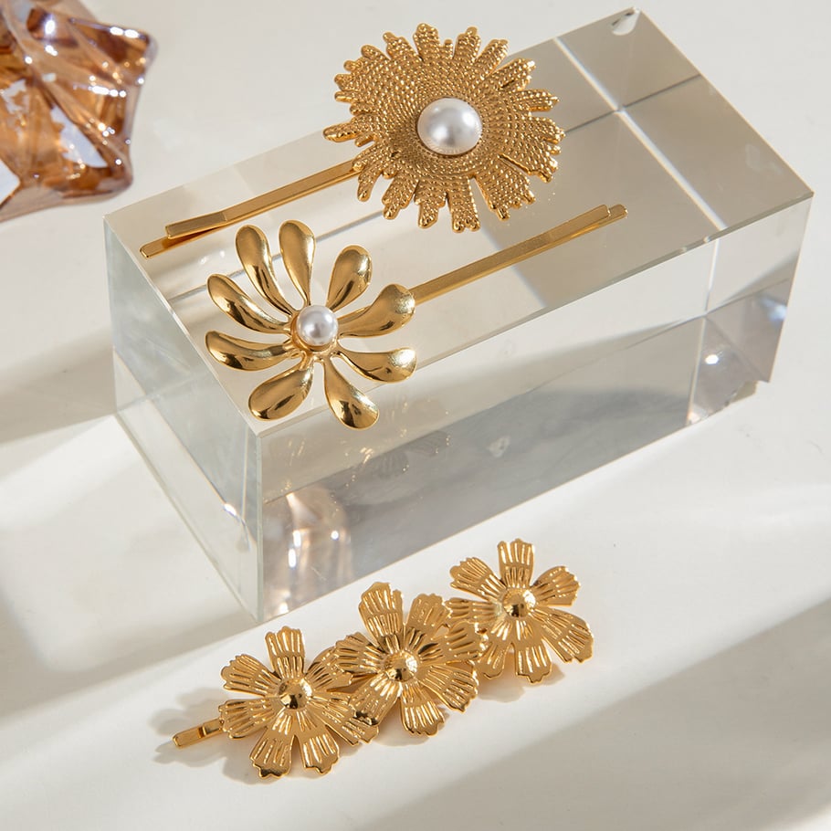 1 Paar Simple Series Süße Blumen Edelstahl 18 Karat vergoldet Kunstperlen Damen Haarspangen Bild5