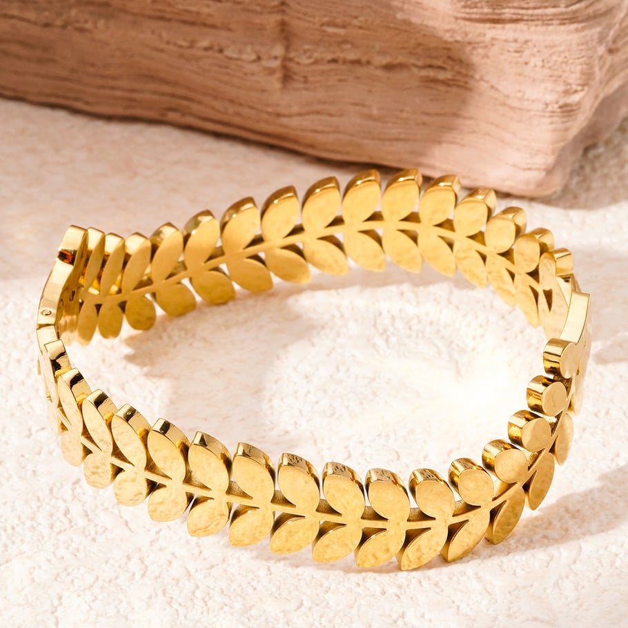 1 Stück Simple Series Natürliche Pflanzen Edelstahl Gold Farbe Damen Armreifen Bild3