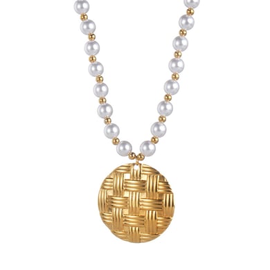 Collier avec pendentif géométrique rétro en acier inoxydable plaqué or 18 carats et perles artificielles pour femme, série simple, 1 pièce h5 Image5