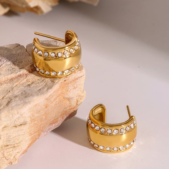 1 paio di orecchini a bottone da donna con strass in stile geometrico in acciaio inossidabile placcato oro 18 carati, serie semplice 2