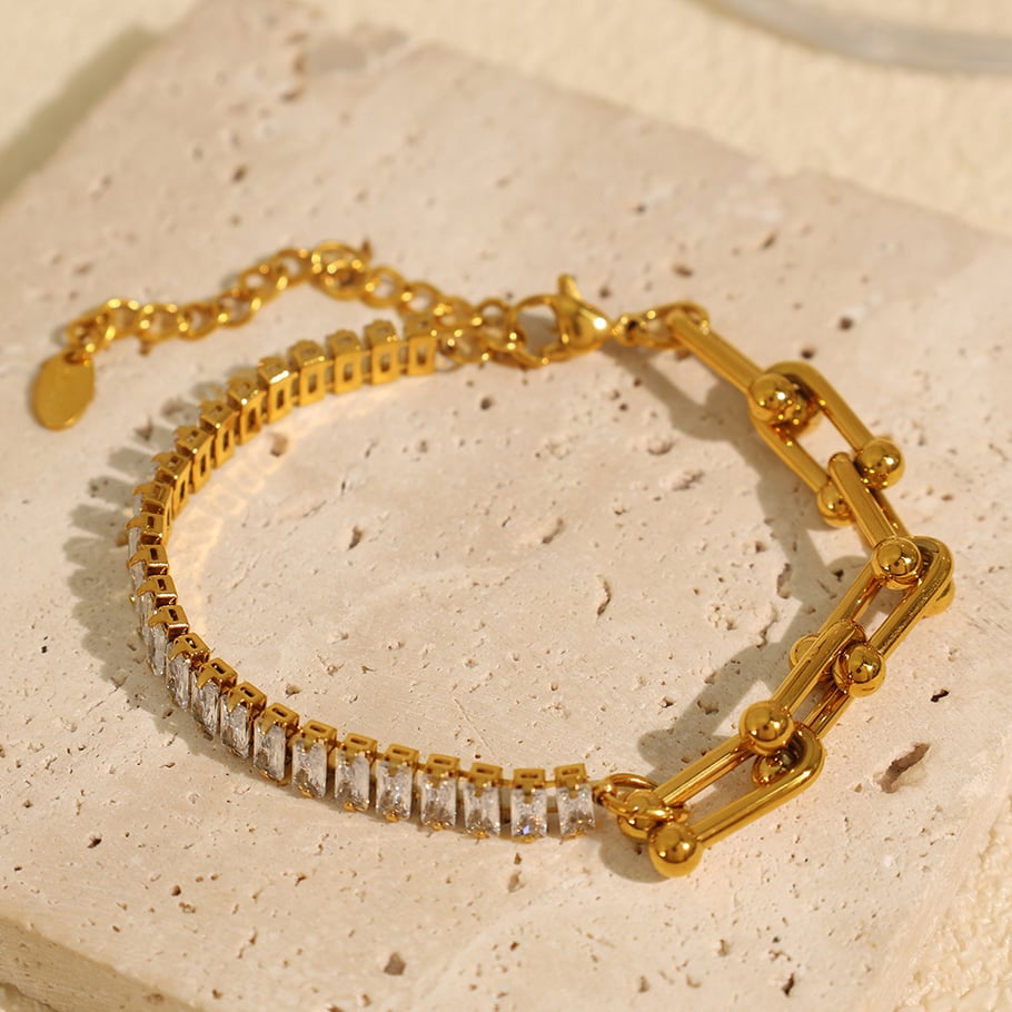 1 Piece Luxurious Series Simple Geometric Stainless Steel 18K Gold Plated Rhinestone Women Charm Bracelets Picture4