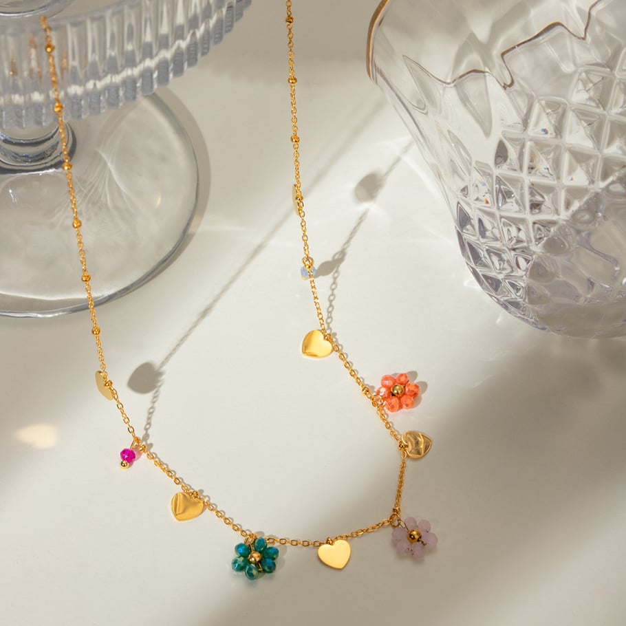 Bijoux transfrontaliers européens et américains de style INS en acier inoxydable 18 carats avec perles de verre colorées en forme de fleur et pendentif d&#39;amour, chaîne de perles rondes Image4