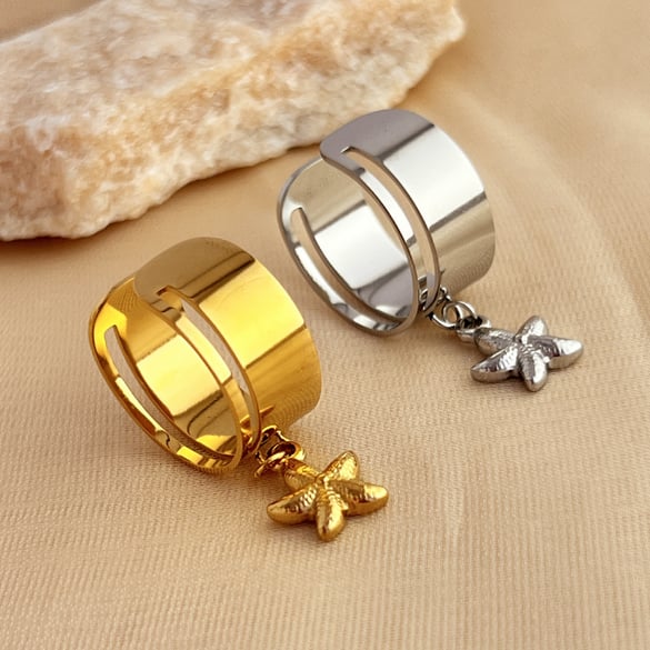 1 Piece Designable Series Chic Starfish Dangle Stainless Steel Gold Color Women's Adjustable Rings