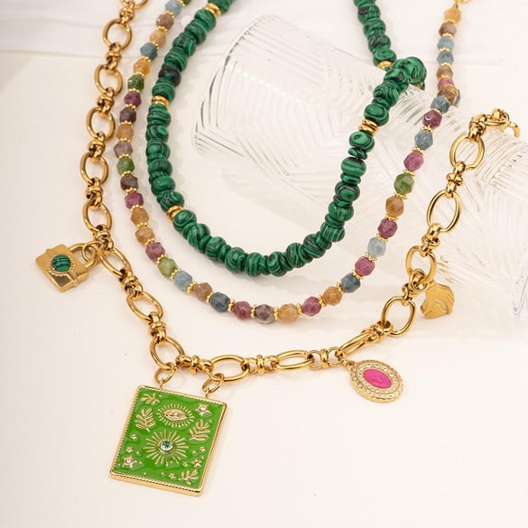 1 Piece Luxurious Series Bohemian Green Eye Tarot Stainless Steel Gold Color Women's Beaded Necklaces