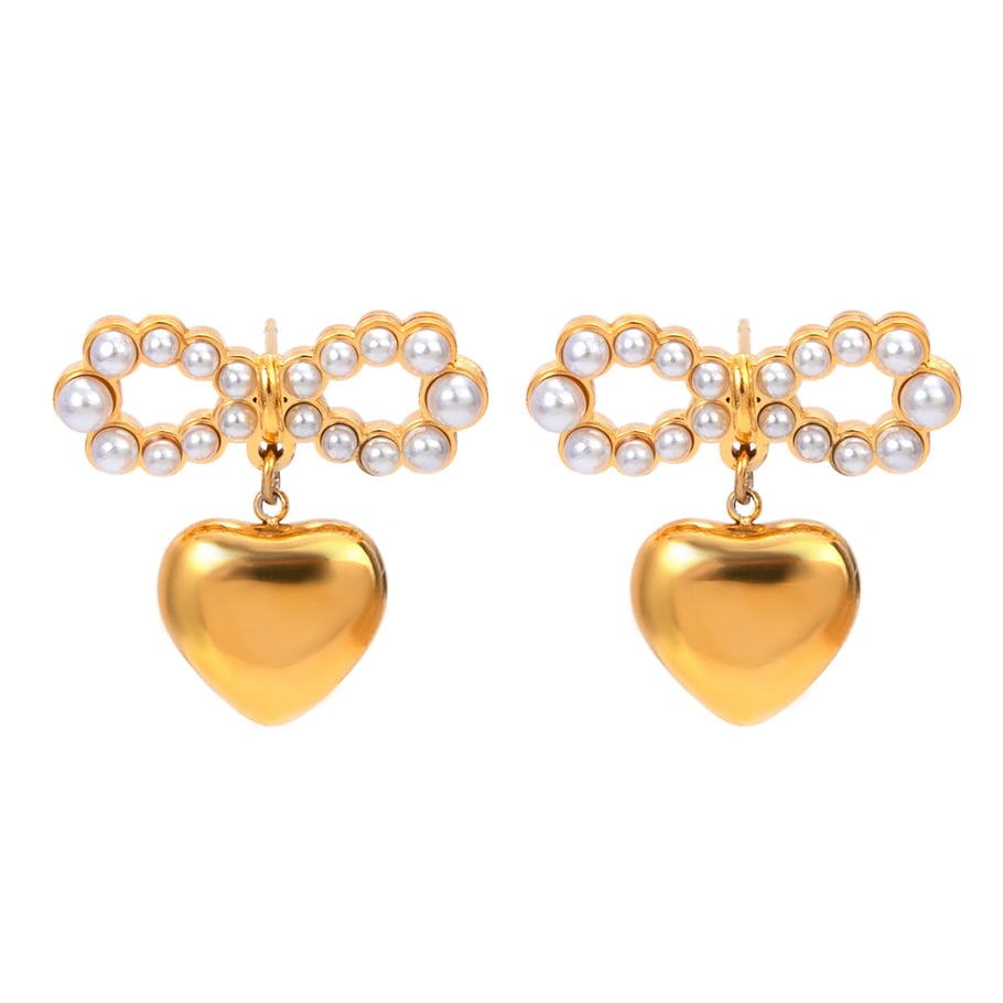 ins style 18k gold stainless steel pearl bow heart pendant earrings do not fade anti-allergic trendy all-match accessories Picture5