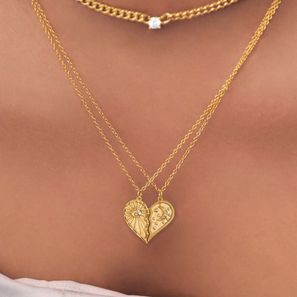 1 Piece Romantic Series Elegant Heart Couple Moon and Sun Stainless Steel Gold Color Women's Pendant Necklaces