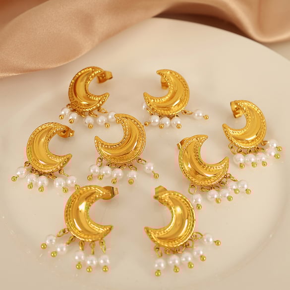 1 Çift Klasik Seri Retro Güneş/Ay Paslanmaz Çelik 18K Altın Kaplama Yapay İnci Kadın Küpe 2
