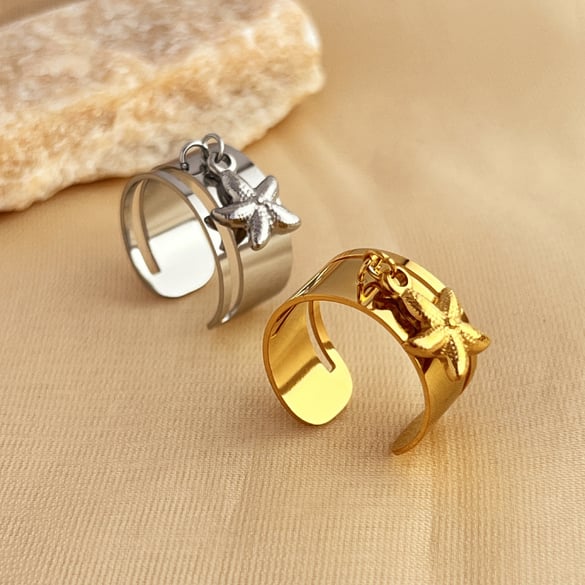 1 Piece Designable Series Chic Starfish Dangle Stainless Steel Gold Color Women's Adjustable Rings 2