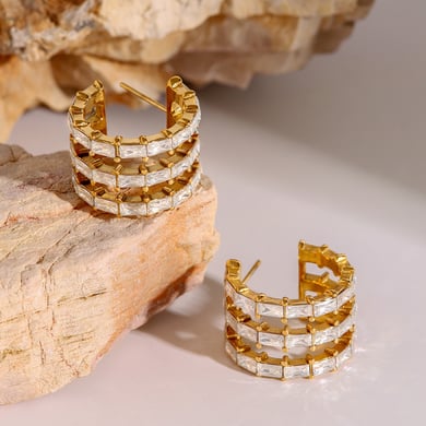 1 Pair Classic Series Retro Geometric Stainless Steel 18K Gold Plated Zircon Women Stud Earrings h5 Picture5