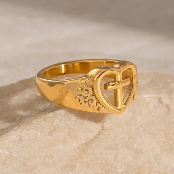 Anillo individual para mujer, de acero inoxidable chapado en oro de 18 quilates, con forma de corazón retro, serie clásica. 2