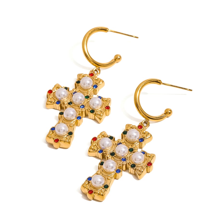 1 Pair Luxurious Series Exquisite Colorful Cross Shape Stainless Steel Gold Color Women's Drop Earrings Picture7