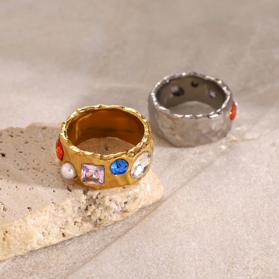 1 Pair Classic Series Retro Geometric Stainless Steel 18K Gold Plated Zircon Women Single Rings Picture4
