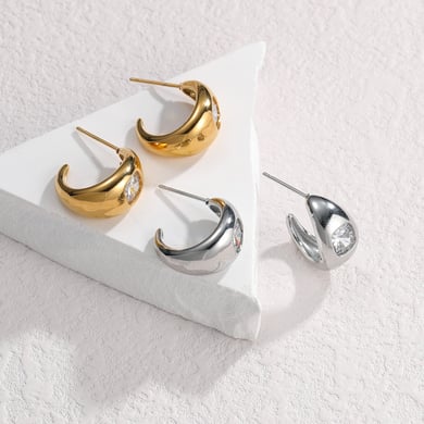 1 paire de boucles d&#39;oreilles à tige géométriques quotidiennes en acier inoxydable plaqué or 18 carats et zircon pour femme h5 Image2