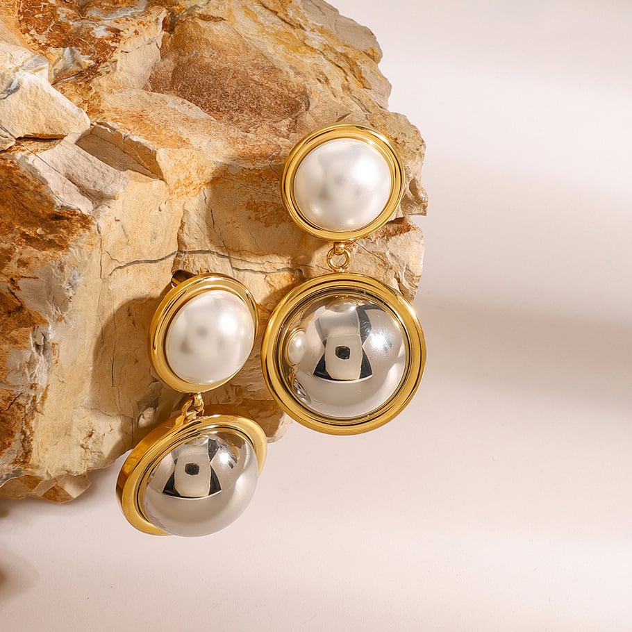 1 Pair Simple Series Europe and America round Stainless Steel 18K Gold Plated Artificial Pearl Women Drop Earrings Picture5