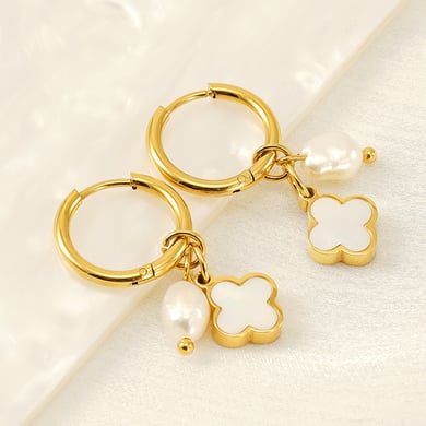 1 Pair Fashionable Simple Style Four-leaf Clover Shape Stainless Steel 18K Gold Plated Inlay Artificial Pearl Women's Drop Earrings h5 Picture5