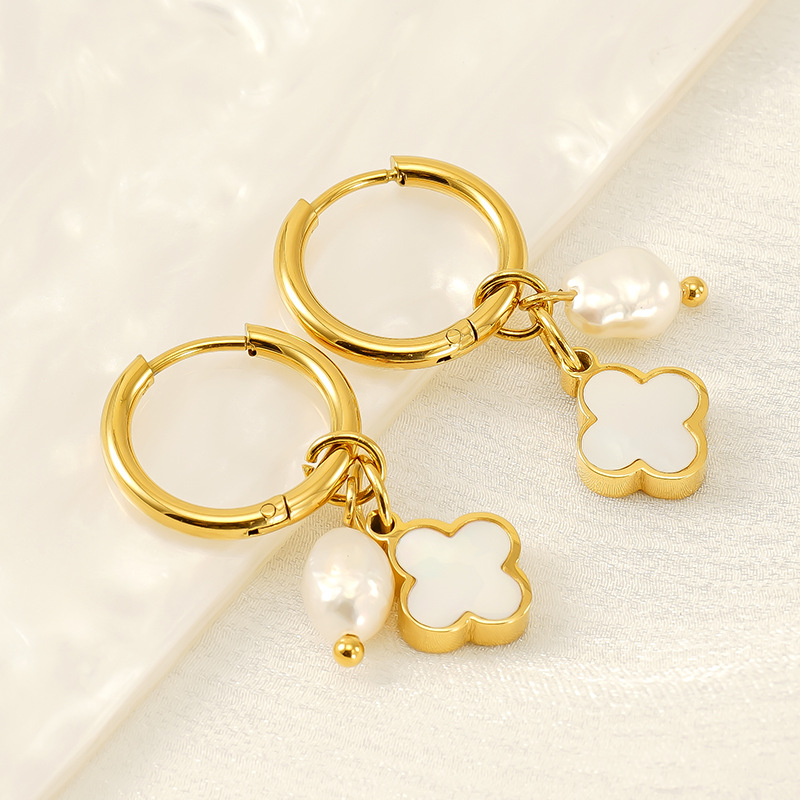 1 Pair Fashionable Simple Style Four-leaf Clover Shape Stainless Steel 18K Gold Plated Inlay Artificial Pearl Women's Drop Earrings Picture5