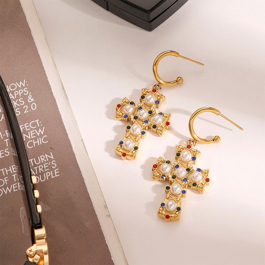 1 Pair Luxurious Series Exquisite Colorful Cross Shape Stainless Steel Gold Color Women's Drop Earrings Picture4