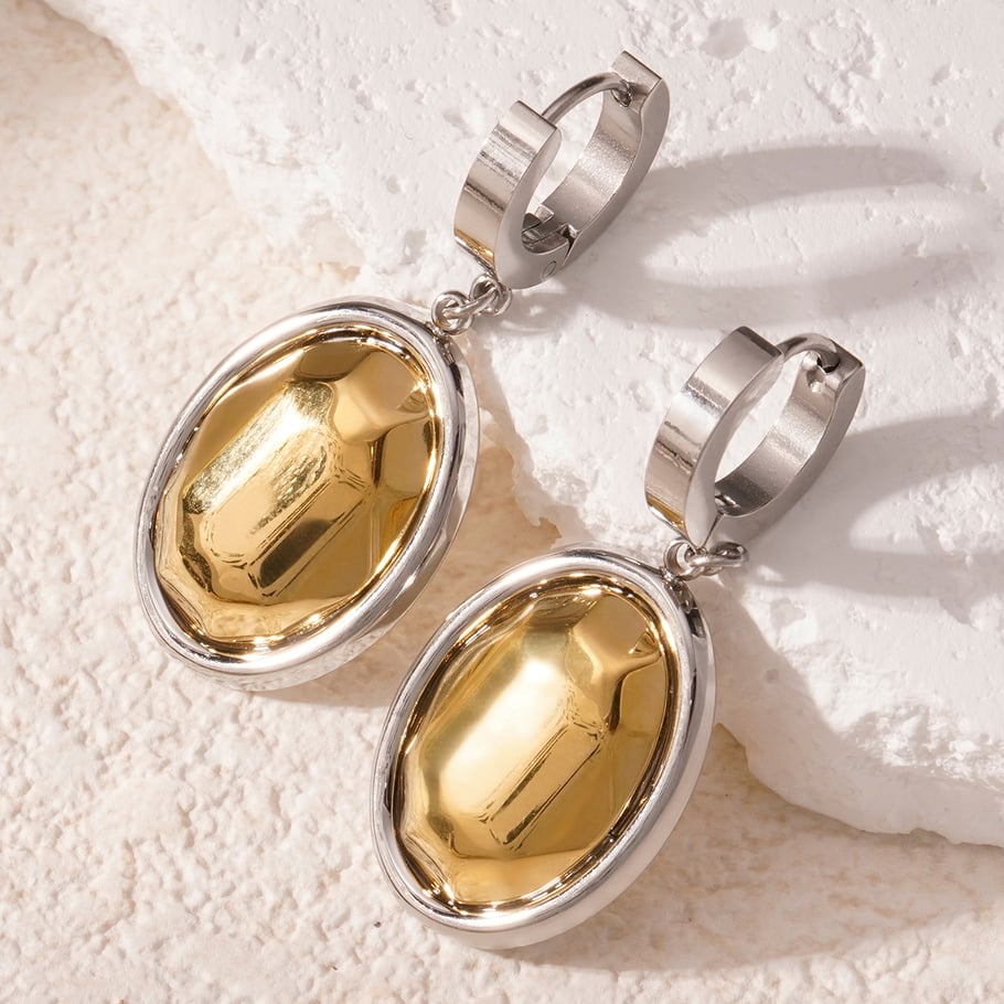 1 Pair Lustrous Series Classic Oval Three-dimensional Titanium Steel Gold Color Women's Drop Earrings Picture6