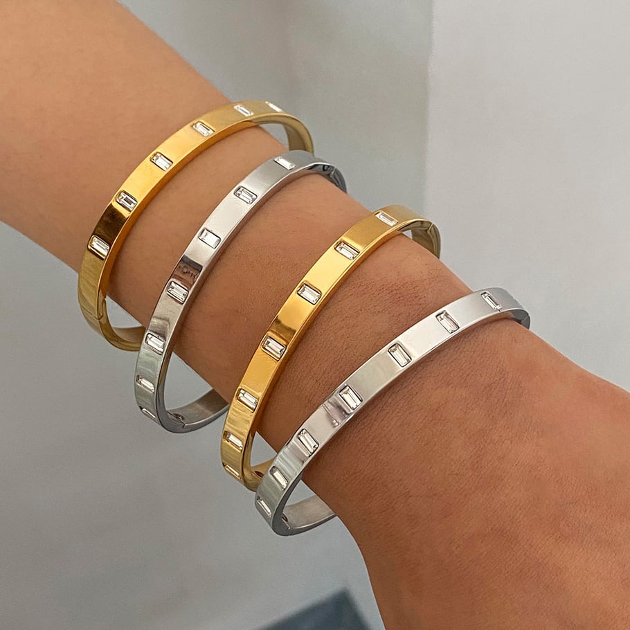 1 Piece Simple Series Casual Annular Stainless Steel 18K Gold Plated Rhinestone Women Bangles Picture7