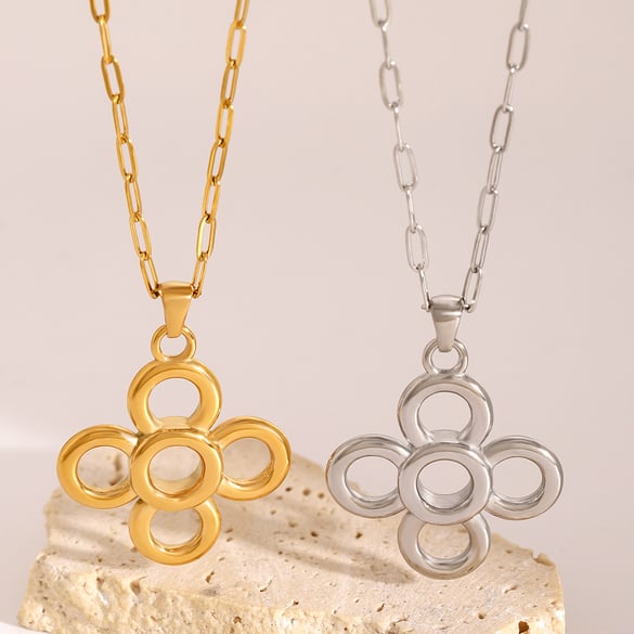 1 pezzo semplice serie retrò fiore acciaio inossidabile placcato oro 18K donne ciondolo collane