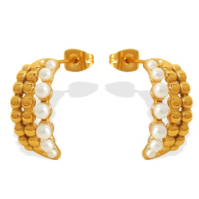 1 Pair Classic Series Retro Beads Stainless Steel 18K Gold Plated Artificial Pearl Women Hoop Earrings h5 Picture6