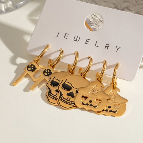 1 Pair Simple Series Punk Skull Stainless Steel 18K Gold Plated Women Earrings set 2