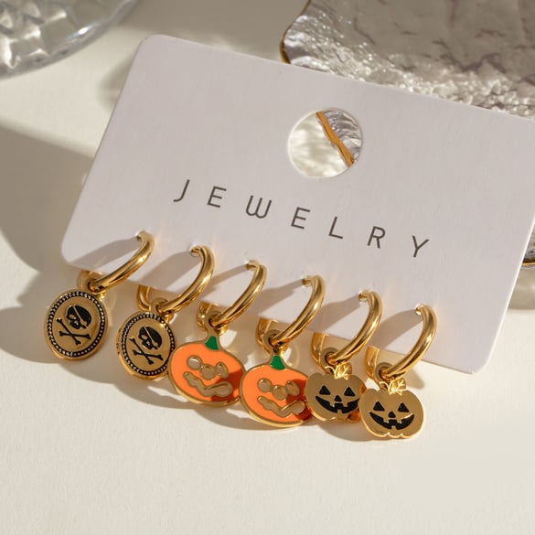 1 Pair Simple Series Punk Skull Stainless Steel 18K Gold Plated Women Earrings set 2