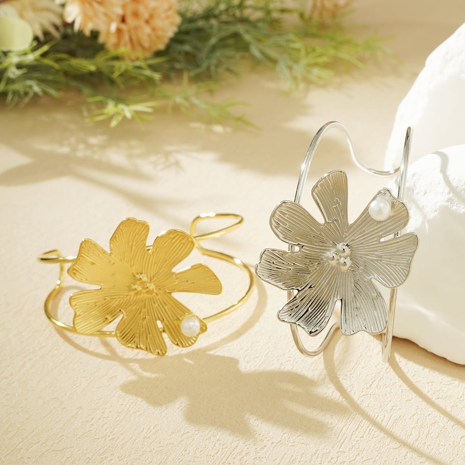 1 Piece Romantic Series Natural Irregular Flower Shape Stainless Steel Gold Color Women's Bangles Picture8