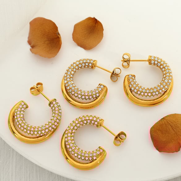 1 Pair Simple Series Classic Geometric Stainless Steel 18K Gold Plated Rhinestone Women Hoop Earrings 2