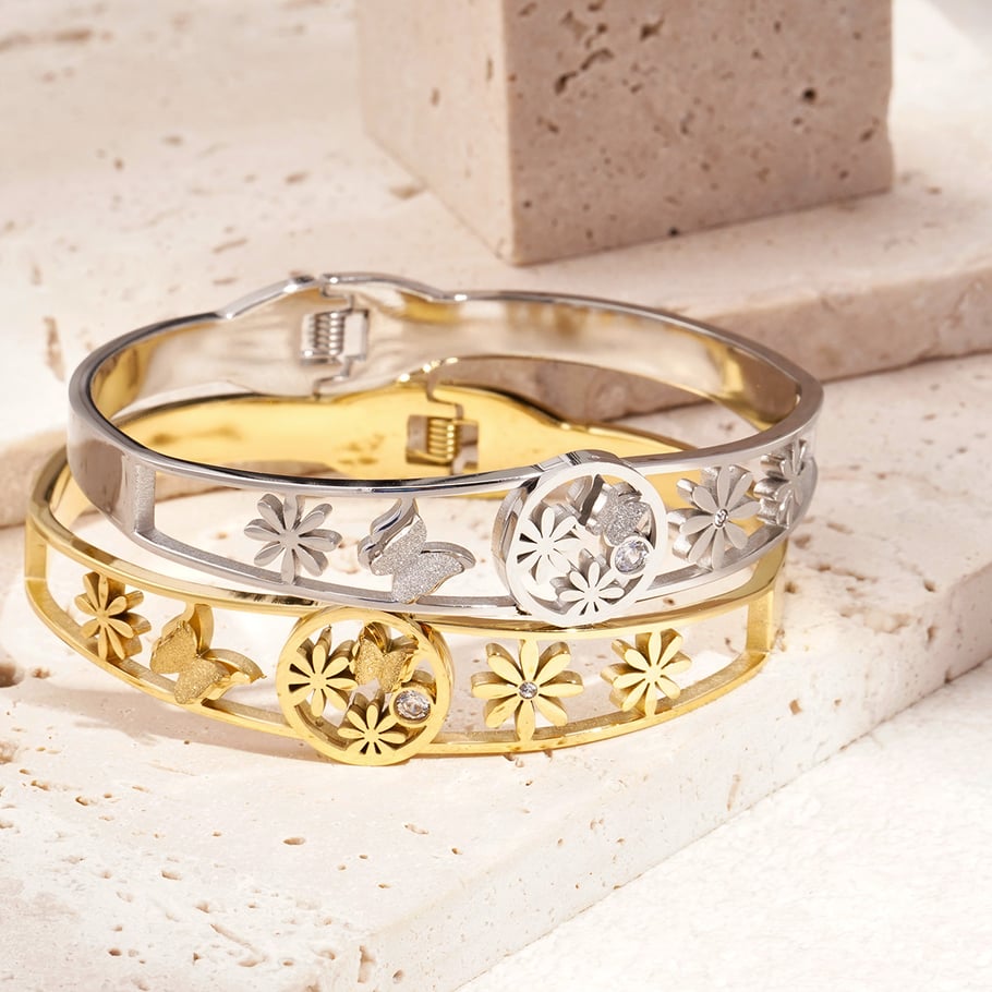 1 Piece Sophisticated Series Natural Flower & Butterfly Stainless Steel Gold Color Women's Bangles Picture4